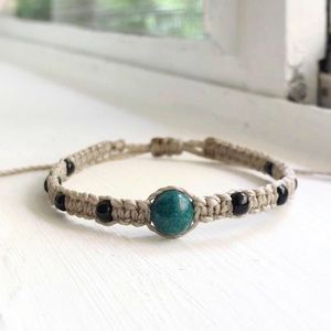 Teal Howlite Round Stone, Khaki Waxed Bracelet